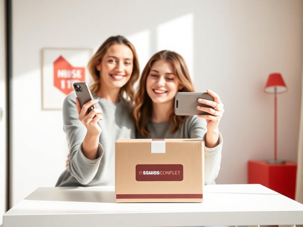 Frau fotografiert ein Paket mit dem Smartphone, um es auf swissmarket24 zu verkaufen